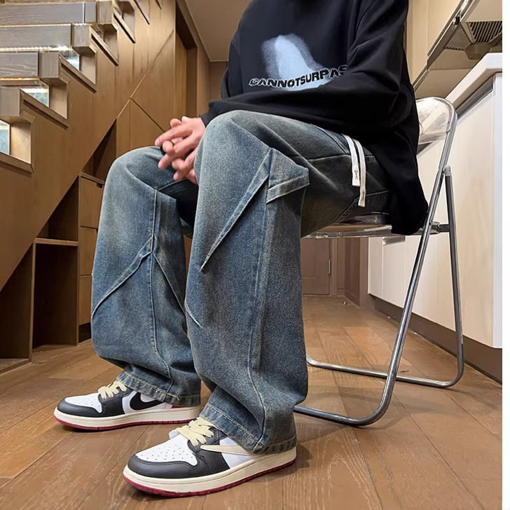 加绒牛仔裤男款宽松直筒大码阔腿裤春秋季加厚男裤美式复古裤子男