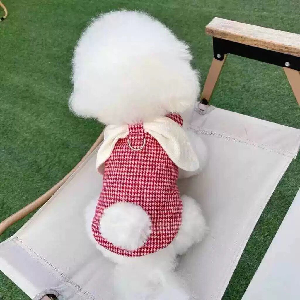 宠物狗狗衣服秋冬新款千鸟格可爱兔耳朵加绒马甲带牵引扣比熊泰迪
