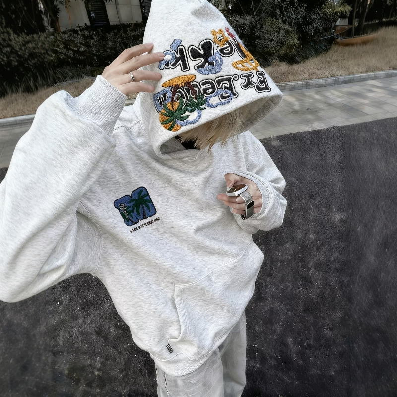 美式国潮椰树刺绣连帽卫衣男情侣款宽松加绒加厚毛巾绣帽衫外套女