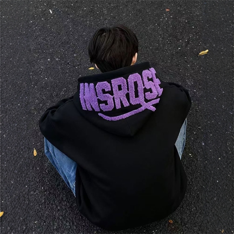 美式高街风刺绣连帽卫衣宽松男黑色重磅加绒加厚潮流外套大码帽衫