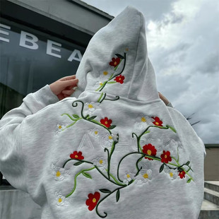 连帽卫衣男刺绣花卉新中式重磅纯棉加绒宽松情侣款女潮牌美式帽衫