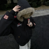 美式 复古座山雕连帽毛领刺绣棉服棉衣男宽松加厚保暖外套潮流夹克