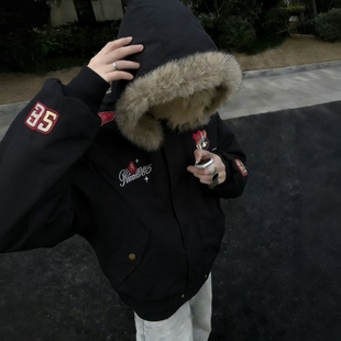 美式复古座山雕连帽毛领刺绣棉服棉衣男宽松加厚保暖外套潮流夹克