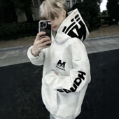 国潮hiphop美式 高街字母刺绣连帽卫衣男宽松加绒情侣款 外套女学生