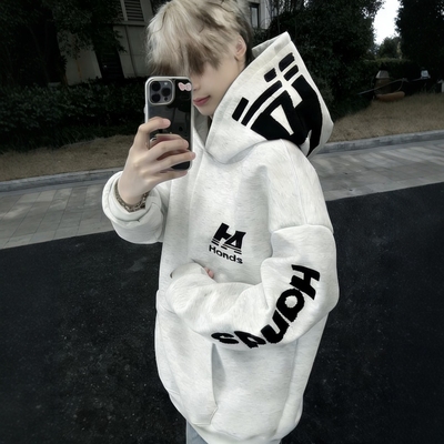 国潮hiphop美式高街字母刺绣连帽卫衣男宽松加绒情侣款外套女学生