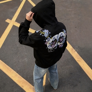 美式高街过肩花卉刺绣连帽卫衣男秋冬加绒宽松情侣纯棉帽衫女潮牌