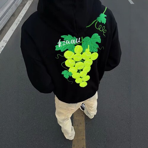 美式高街葡萄网球刺绣连帽卫衣男情侣秋冬加绒加厚纯棉宽松帽衫女