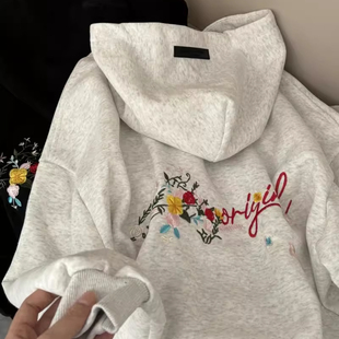 纯棉高街重磅刺绣连帽卫衣女秋冬2024新款oversize宽松帽衫款