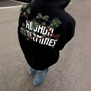 美式复古花卉刺绣连帽卫衣男女秋冬纯棉潮牌宽松情侣装外套帽衫女