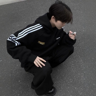 美式复古高街三条杠连帽卫衣男纯棉加绒潮牌宽松情侣装帽衫女