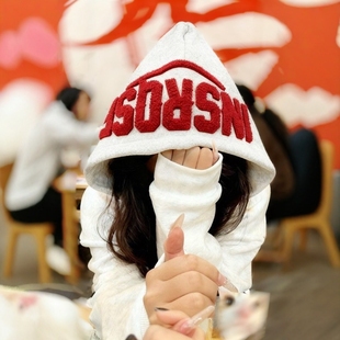 连帽卫衣女美式高街毛巾绣字母绣花秋冬加绒overseas宽松纯棉帽衫