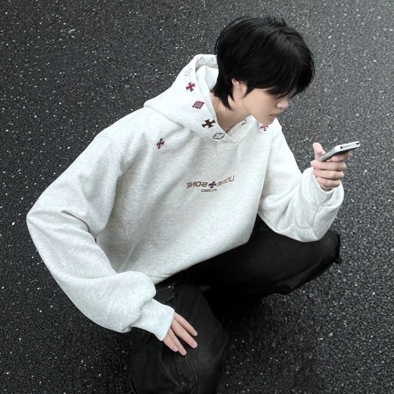 美式复古重磅刺绣十字架连帽卫衣男女加绒加厚高级感潮牌外套帽衫