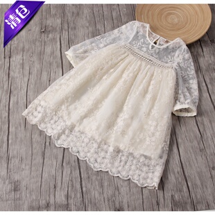 女童春夏装裙子儿童柔软网纱棉线绣花中袖连衣裙童装蕾丝公主裙仙