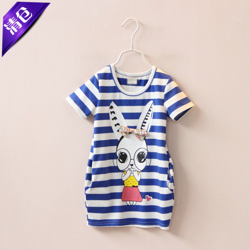 女童夏装纯棉可爱半袖T恤 宝宝蝴蝶结小兔短袖撞色条纹长款T恤