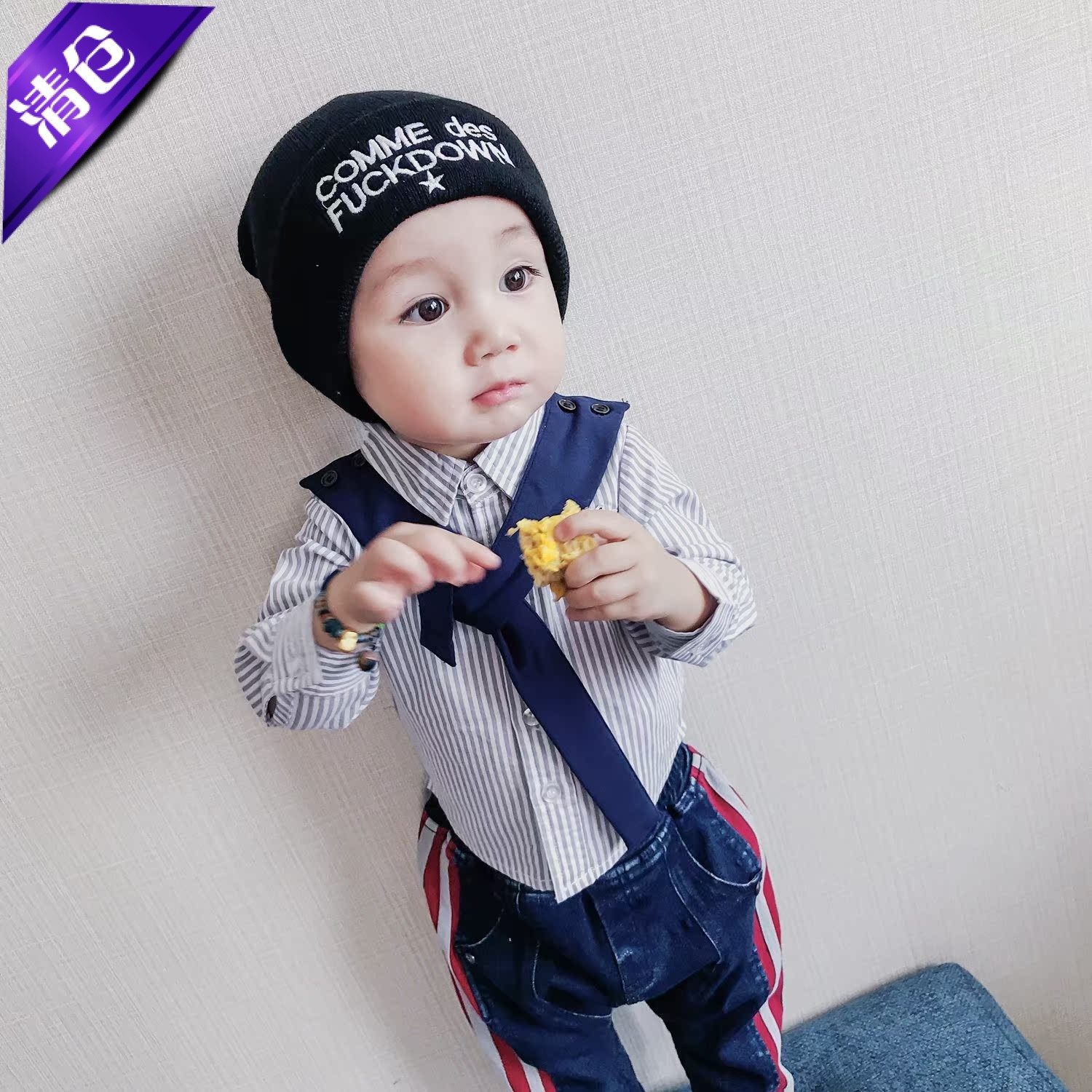 春秋装条纹领带上衣外长袖衬衫