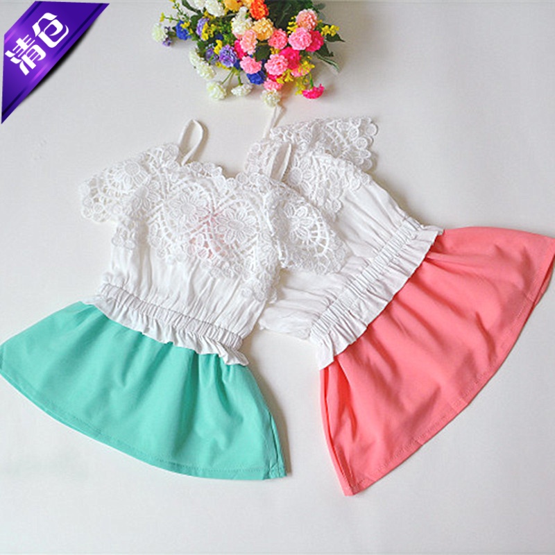 蕾丝松紧腰吊带儿童露肩公主裙