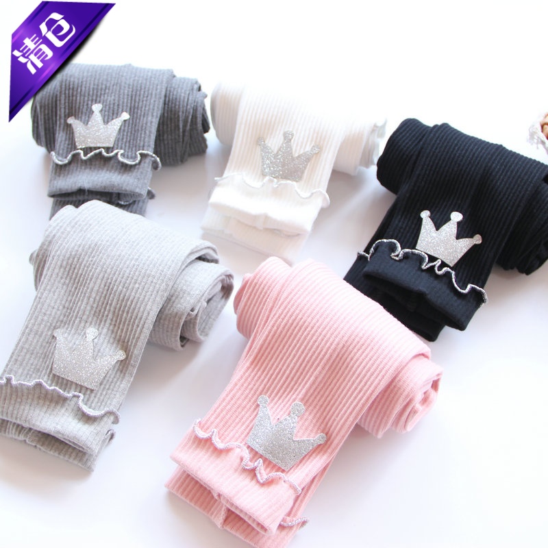 女童纯棉皇冠银线花螺纹打底裤