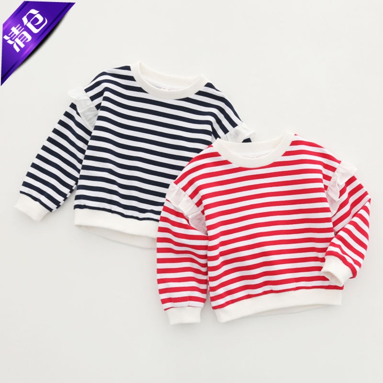 女童卫衣毛圈木耳边条纹长袖T恤