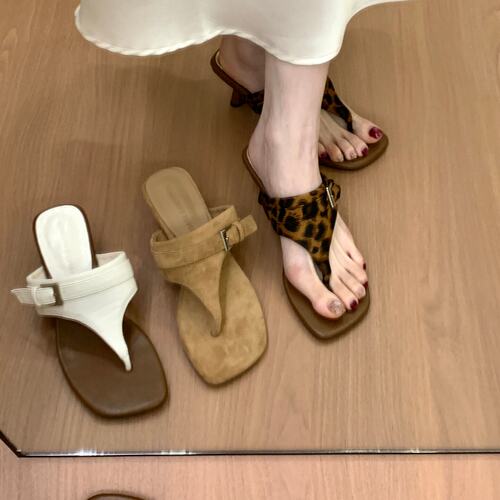 豹纹粗跟人字拖女夏新款配裙子