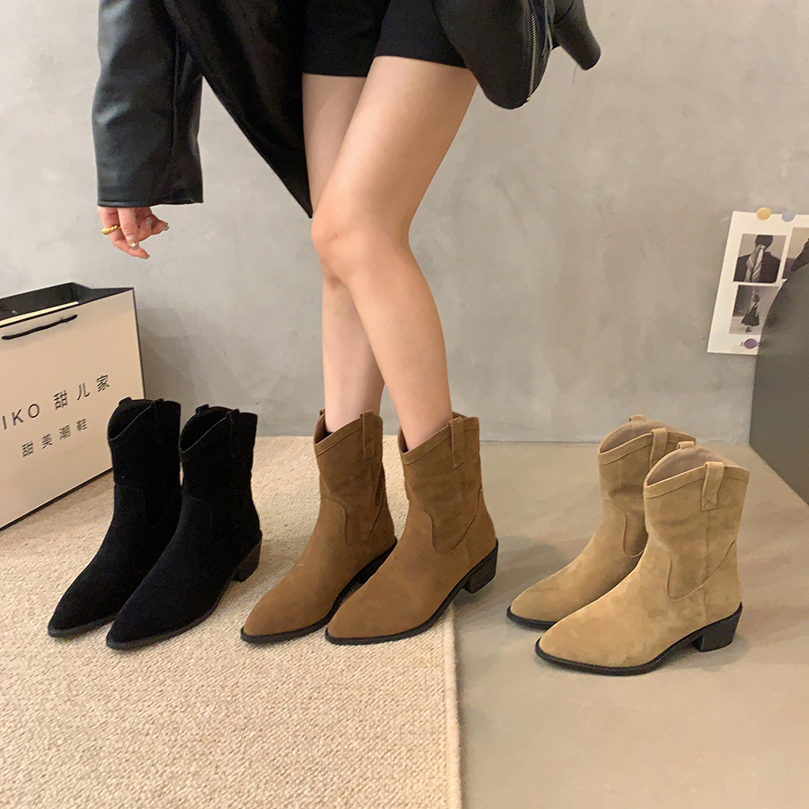 牛皮~尖头复古棕色西部牛仔靴女