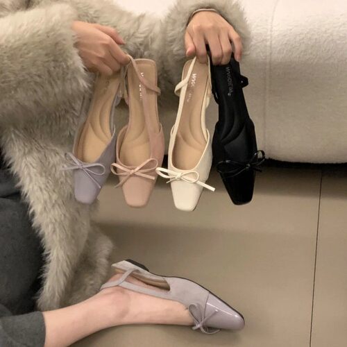 法式蝴蝶结方头粗跟后空包头凉鞋