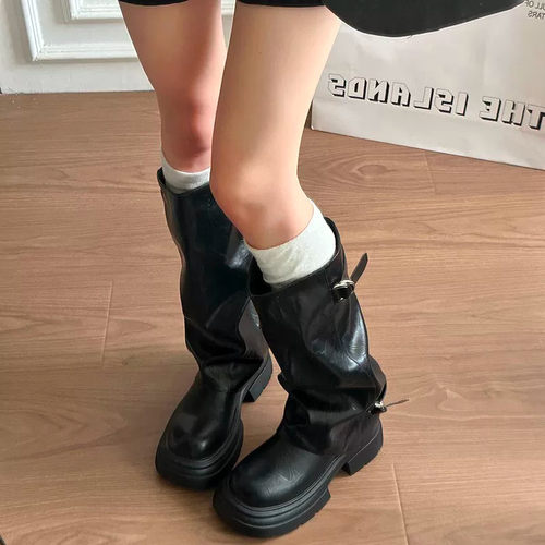 韩版秋冬皮带扣厚底显瘦高筒靴女