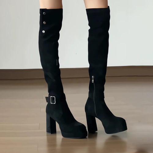 黑色过膝粗跟皮带扣显瘦骑士靴