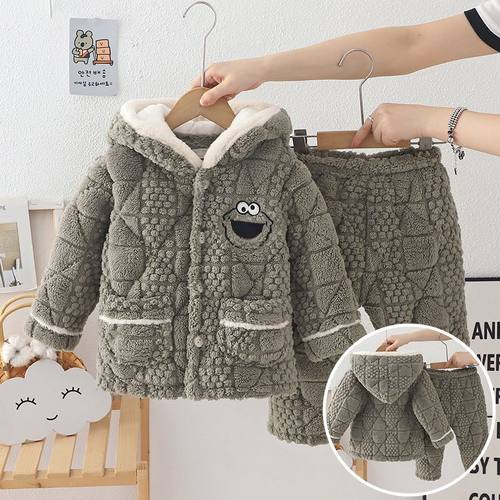 男童冬季夹棉睡衣三层加厚保暖法兰绒儿童家居服套装宝宝珊瑚绒