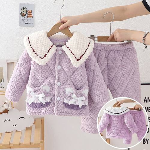 女童珊瑚绒三层夹棉睡衣冬季儿童法兰绒加厚保暖女孩家居服套装