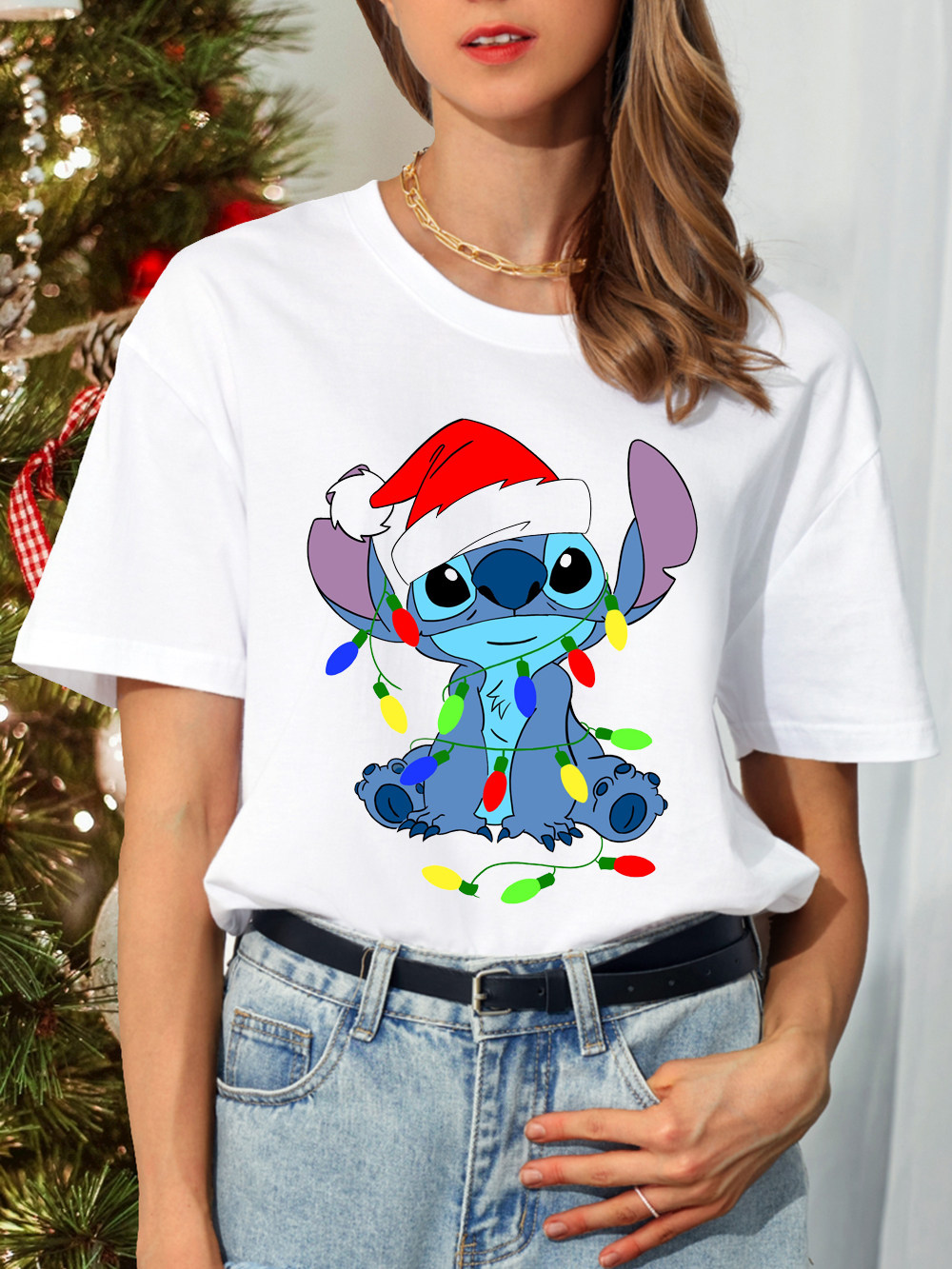 卡通史迪仔星际宝贝圣诞节主题女装白色圆领休闲t恤百搭短袖街头