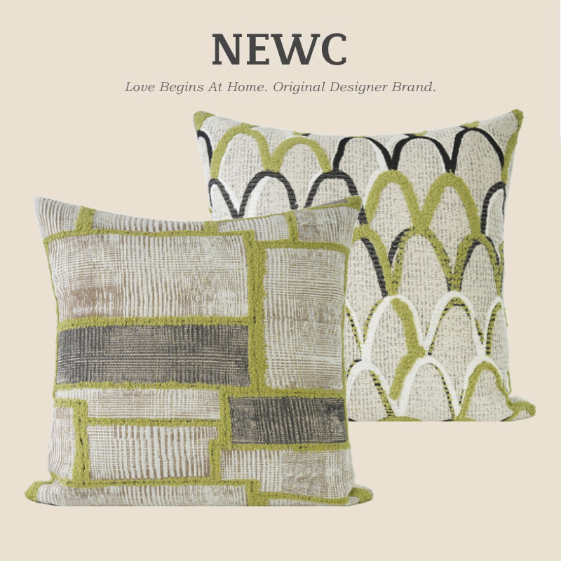 NEWC新宸优品法式奶油风抱枕高级感客厅沙发雪尼尔绿色刺绣靠枕套