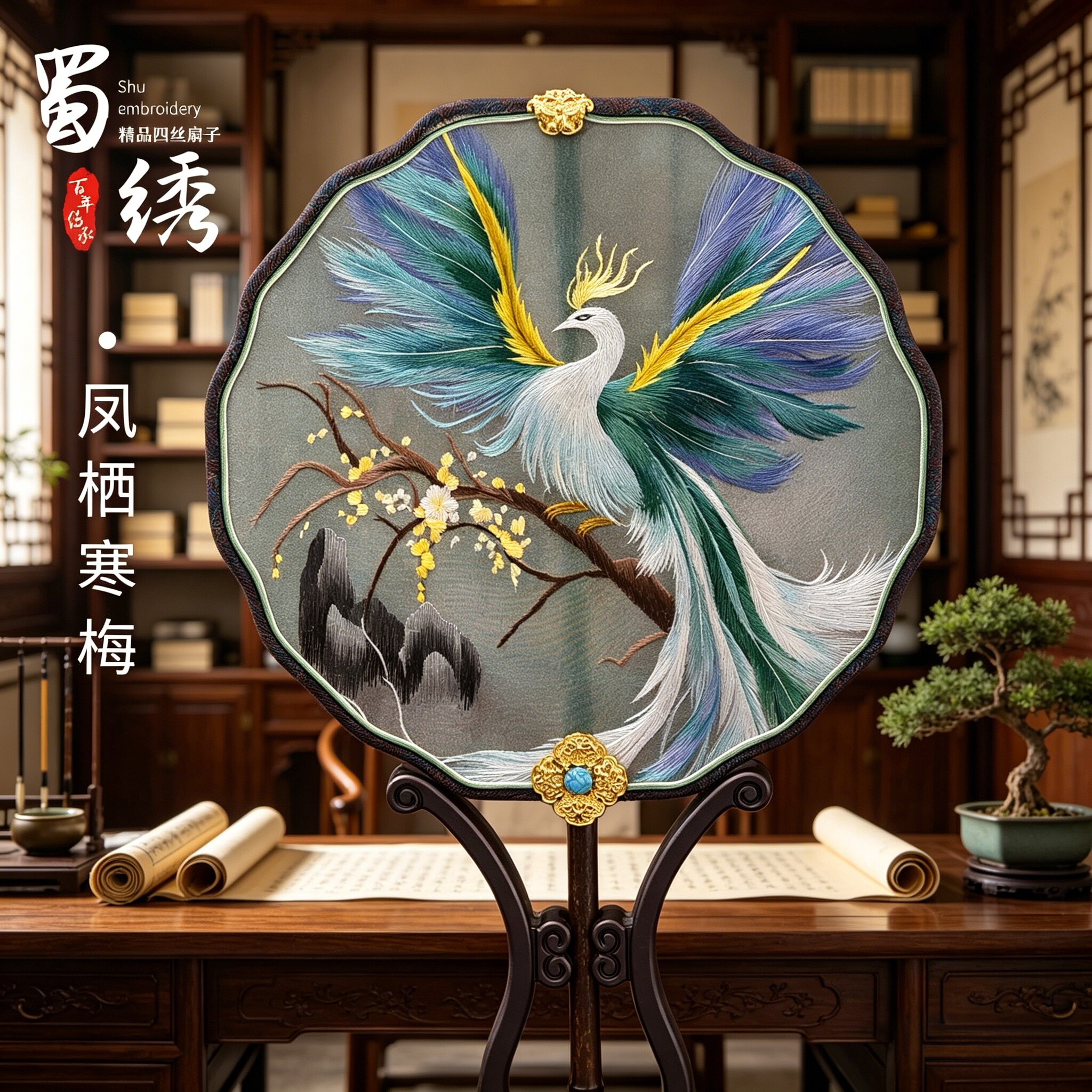 蜀绣双面绣真丝花鸟团扇