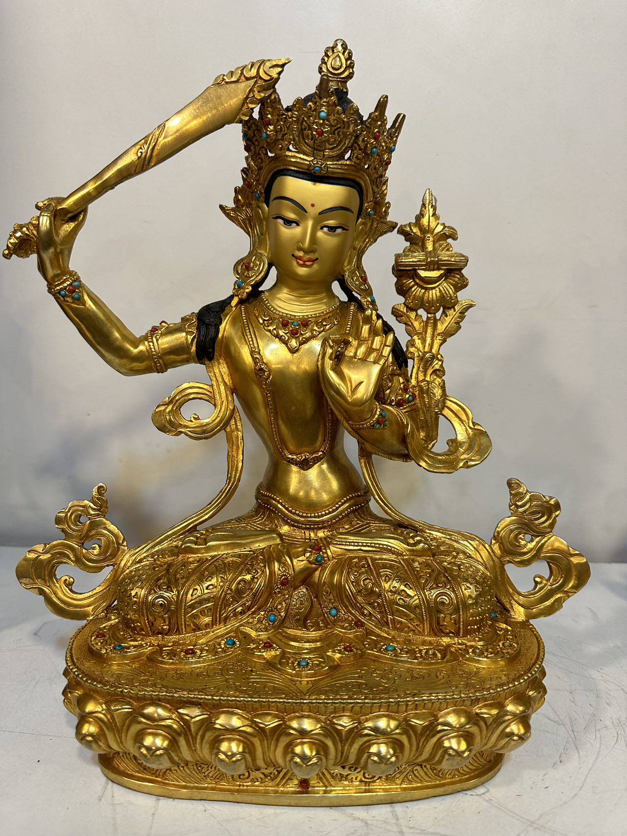 尼泊尔高档精品释迦族纯手工簪刻工艺  文殊菩萨像 高34㎝ 直邮