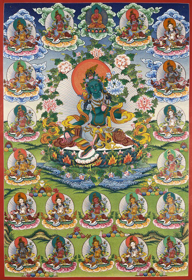 尼泊尔精品彩绘矿物质颜料 手工绘制唐卡 二十一度母菩萨55x75cm