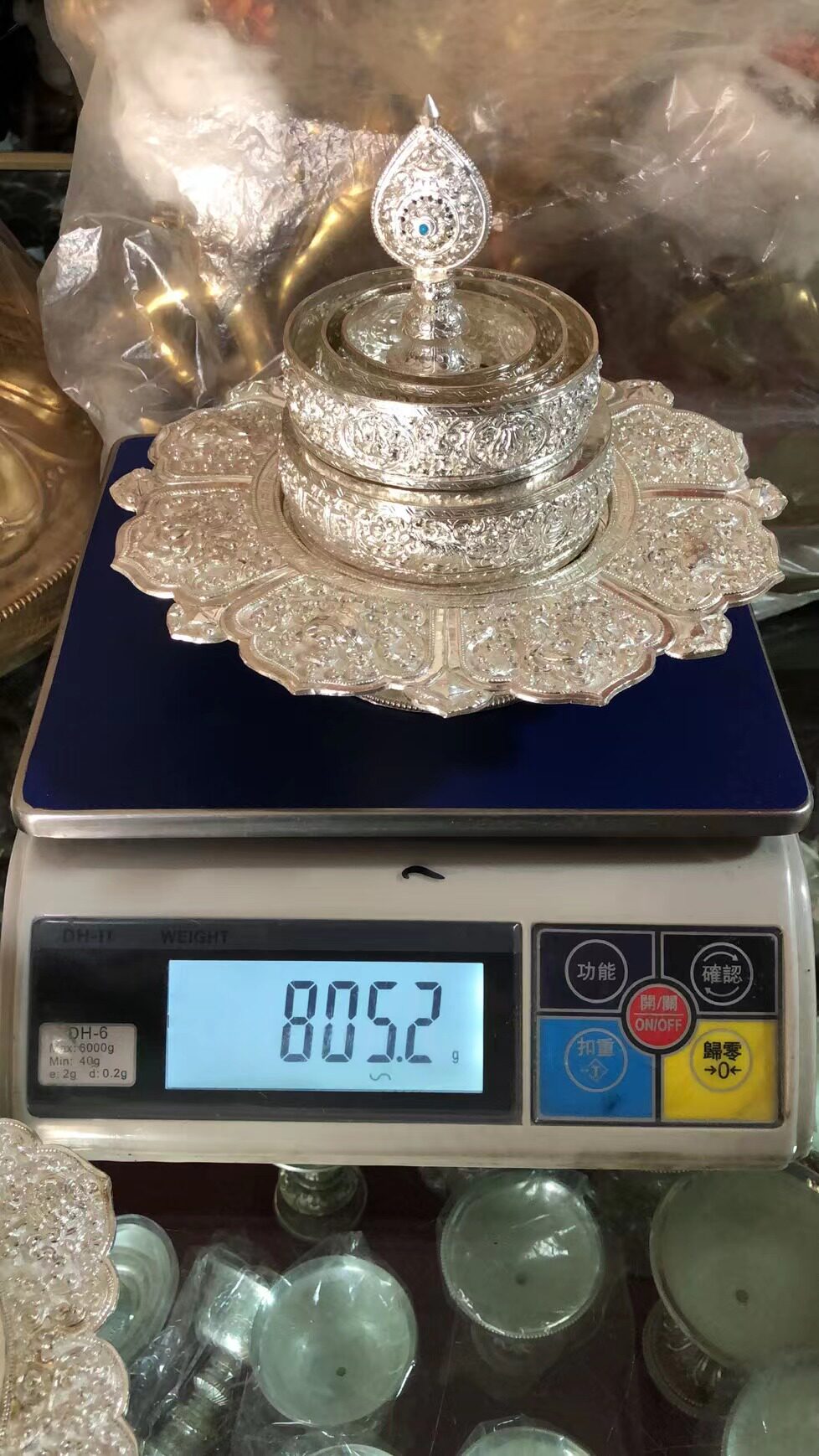 尼泊尔精品手工簪刻雕花工艺 纯银曼扎盘 一套带托盘 口径10㎝