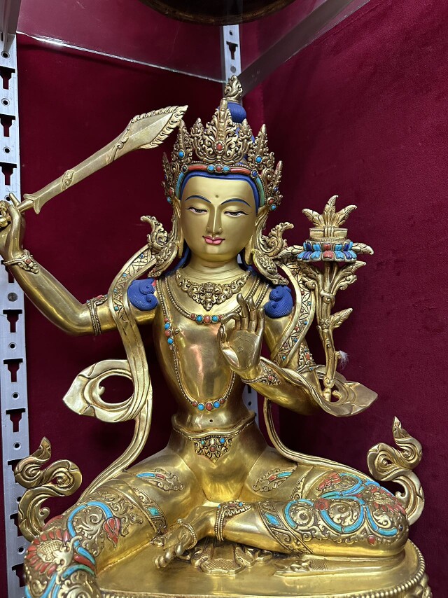 尼泊尔直邮高端工艺纯手工制作镶嵌天然宝石 文殊菩萨像 高55㎝