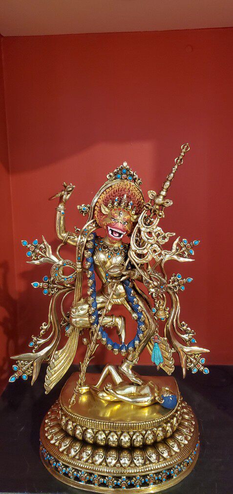 尼泊尔高档释迦族工艺纯手工簪刻雕花镶嵌宝石 狮面佛母像 高36㎝