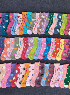 袜子男女士薄款中筒潮亮色满印小图案涤棉韩版中帮春夏季学生百搭