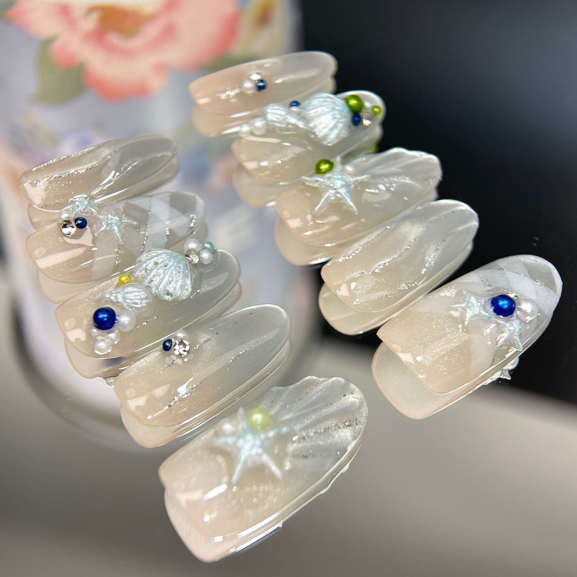 手工穿戴甲海洋系列海星贝壳镶钻彩色滴油人鱼尾金属立体珍珠美甲