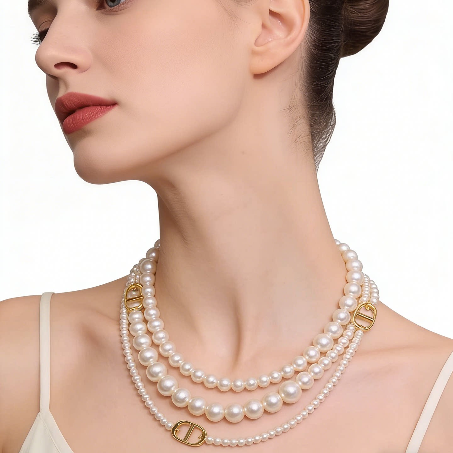 春夏新款猪鼻子玻璃大小珍珠字母C项链女轻奢小众设计多层毛衣链