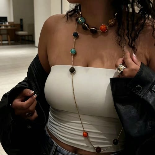 小香风彩色圆珠星球长款项链女