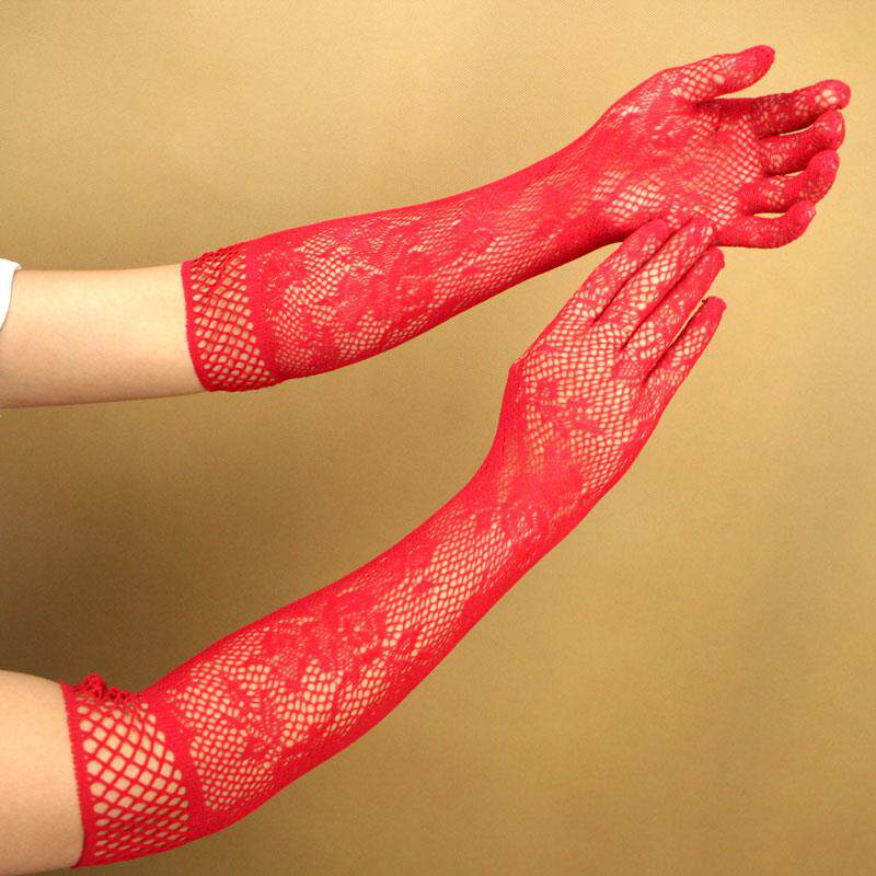 性感网眼玫瑰白色蕾丝伪娘手套男女装大佬用品cd变装五指婚纱袖套