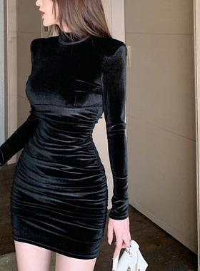 黑色大码女装大佬金丝绒性感ts伪娘反串连衣裙修身褶皱男娘包臀裙