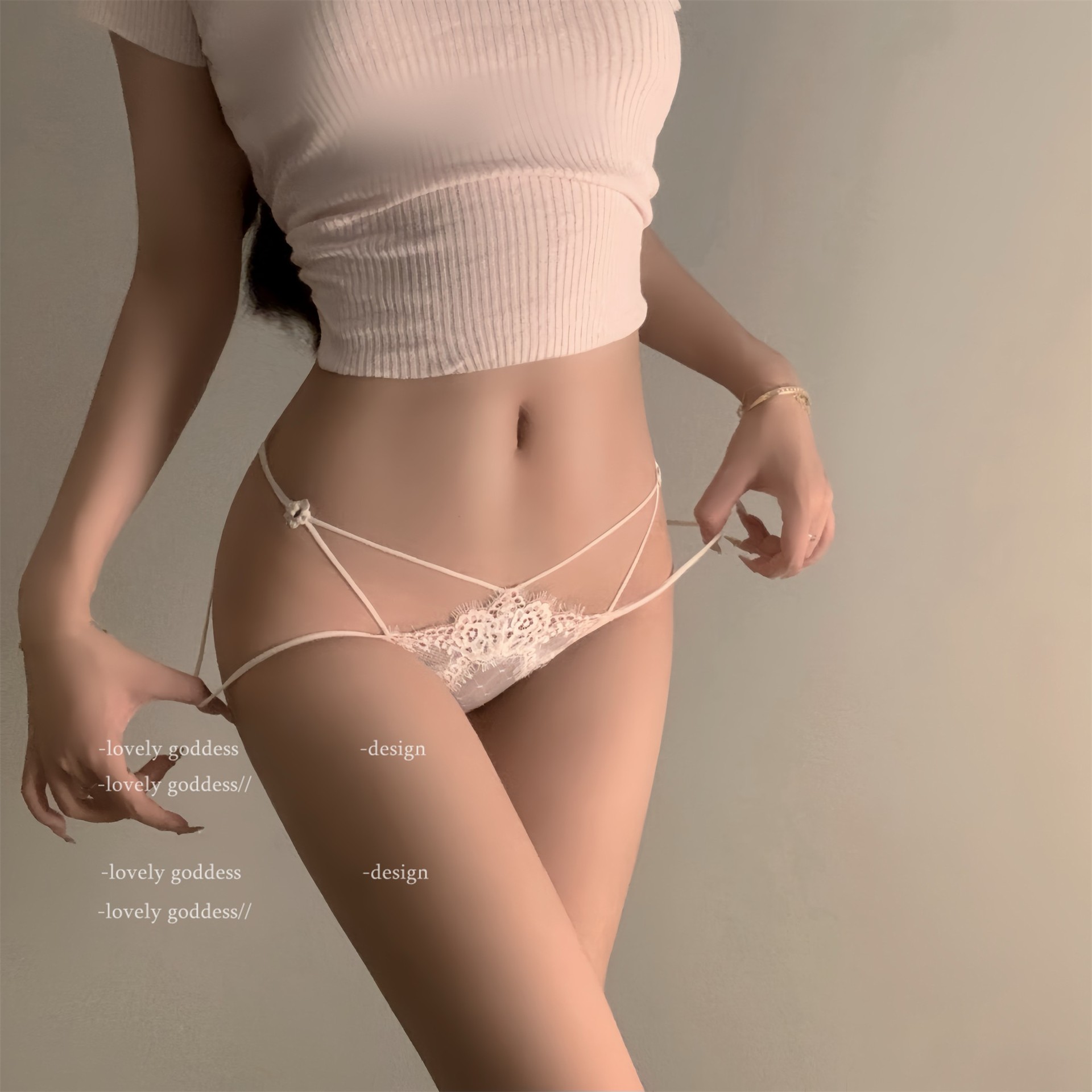 性感蕾丝女装大佬伪娘绑带男娘三角裤低腰花边cd变装内裤紫色透气