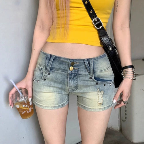 美式铆钉破洞大码紧身伪娘男娘牛仔短裤辣妹高腰伪娘用品包臀热裤