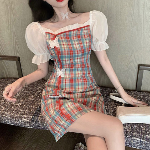 夏季甜美泡泡袖伪娘大码连衣裙一字肩女装大佬旗袍裙cd变装男用品