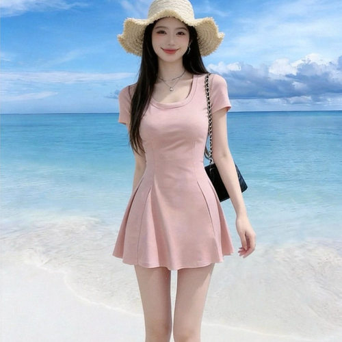 夏季短袖伪娘ts变装U领短裙性感收腰a字女装大佬大码男娘连衣裙子