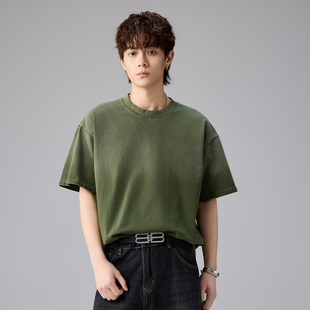2026新款 高街潮牌男上衣 复古渐变做旧T恤重磅纯棉水洗宽松短袖