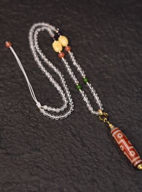 精品红肉九眼天珠搭配白水晶项链可拉伸调节