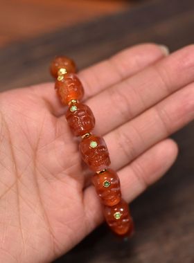 藏式单圈红玛瑙雕刻尸陀林主阿呆男士女士单圈手串